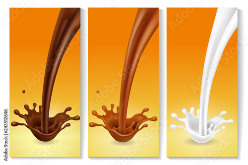 Realistic splash flowing milk, caramel and chocolate cocoa on vertical banners vector design elements