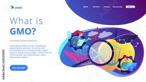 Scientists working with magnifier and apple DNA. Genetically modified foods, GM foods and genetically engineered foods concept on white background. Website vibrant violet landing web page template.