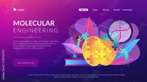 Scientists doing apple jigsaw puzzle. Genetically modified organism and engineered organism, molecular engineering concept on white background. Website vibrant violet landing web page template.