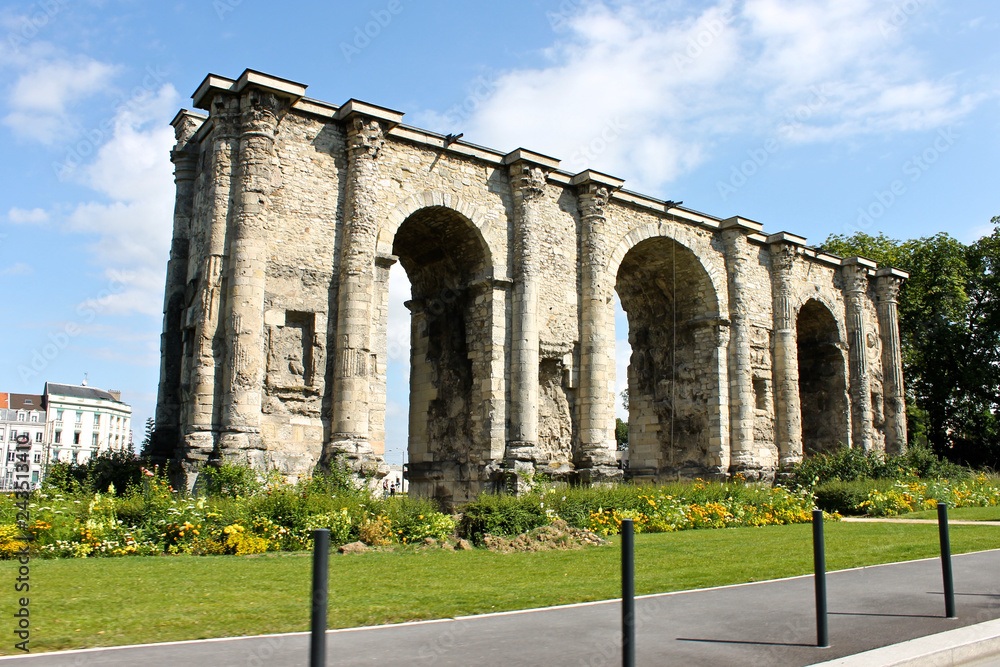 Reims, France. The Porte de Mars, an ancient Roman triumphal arch that dates from the third century AD