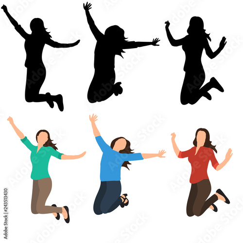 vector, isolated, set of girls silhouettes jumping