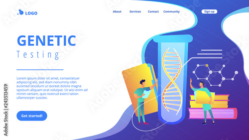 Scientists with folder and clipboard working with huge DNA in test tube. Genetic testing, DNA testing, genetic diagnosis concept on white background. Website vibrant violet landing web page template.