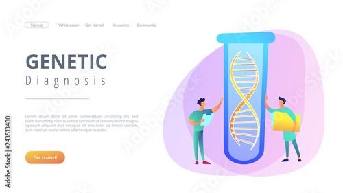 Scientists with folder and clipboard working with huge DNA in test tube. Genetic testing, DNA testing, genetic diagnosis concept on white background. Website vibrant violet landing web page template.