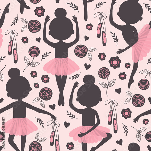 black and pink seamless pattern with silhouette ballerina girl  - vector illustration, eps