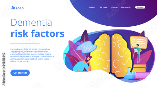 Patient with thought bubble and doctor examining brain. Alzheimer disease and dementia, dotage and memory loss concept on white background. Website vibrant violet landing web page template.