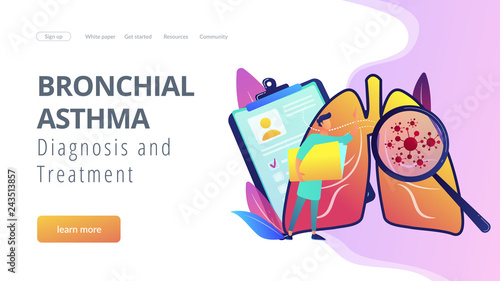 Huge magnifier showing cancer in the lungs and doctor with document folder. Lung cancer, trachea and bronchus concept on white background. Website vibrant violet landing web page template.