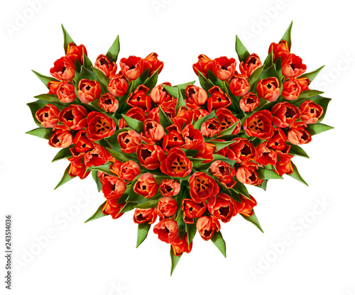 Top view on heart shape bouquet of red tulip flowers