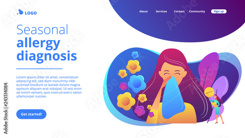 Female allergic to spring flowers sneezing and taking medicine. Seasonal allergy, seasonal allergy diagnosis, pollen allergy immunotherapy concept. Website vibrant violet landing web page template.
