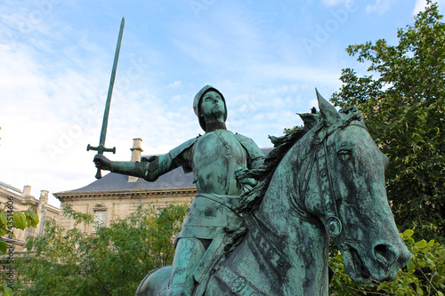 Reims, France. Equestrian statue of Joan of Arc (Jeanne d'Arc), made by Paul Dubois and placed in front of the Cathedral of Our Lady photo