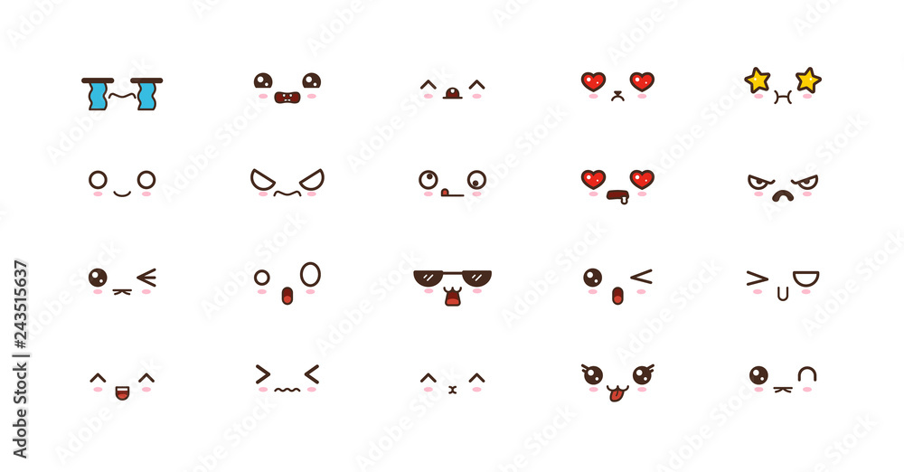 Naklejka premium Kawaii smile emoticons. Japanese emoji