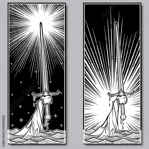 Hand holding a sword emerges from the water. Iconic scene from the Medieval European stories about King Arthur. Set of two engraving style pictures . EPS10 vector illustration