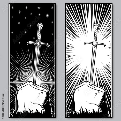 Excalibur Sword trapped in stone. Decorative banner. Iconic scene from the Medieval European stories about King Arthur. Outline vector illustration isolated on white background. EPS10 vector