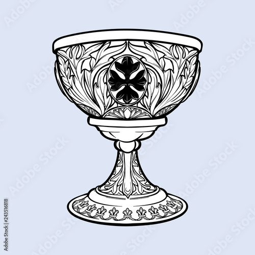 Decorative Goblet. Medieval gothic style concept art. Design element. Black a nd white drawing isolated on grey background. EPS10 vector illustration