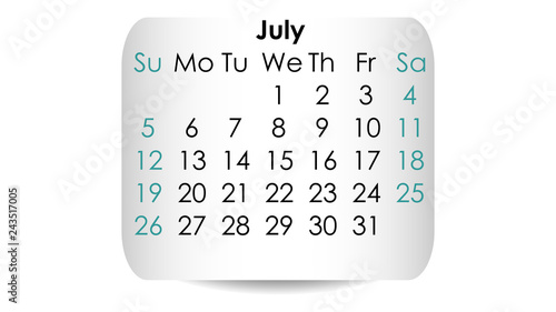 July 2020 vector. Calendar 2020 vector design. Date on the curved stickers 