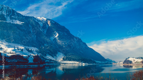 Lake with mountains. winter landscape
