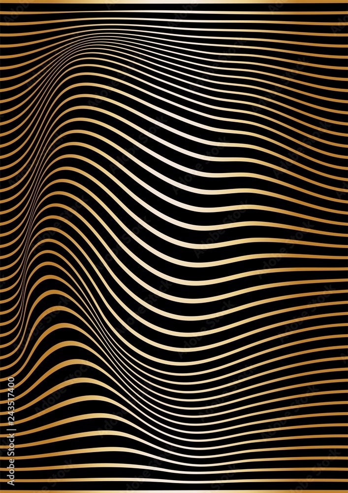 Abstract gold lines are curved on a black background. Optical illusion of concavity and curvature. Wavy vertical vector background. Abstract gold lines are curved on a black background. Optical illusion of concavity and curvature. Wavy vertical vector background.