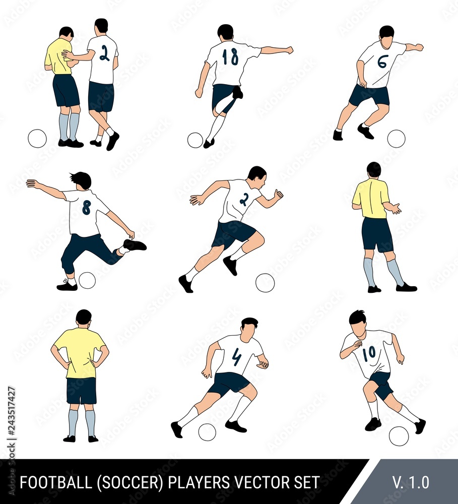 Vector football players figures on white isolated background. Referee and soccer players with the ball. Different poses, vector set of players.