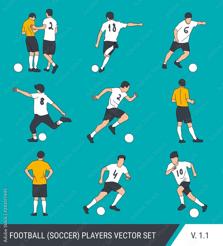 Vector silhouettes of football players. Graphic simplified style. Different silhouettes of football players and football referee. Vector silhouettes of football players. Graphic simplified style. Different silhouettes of football players and football referee.