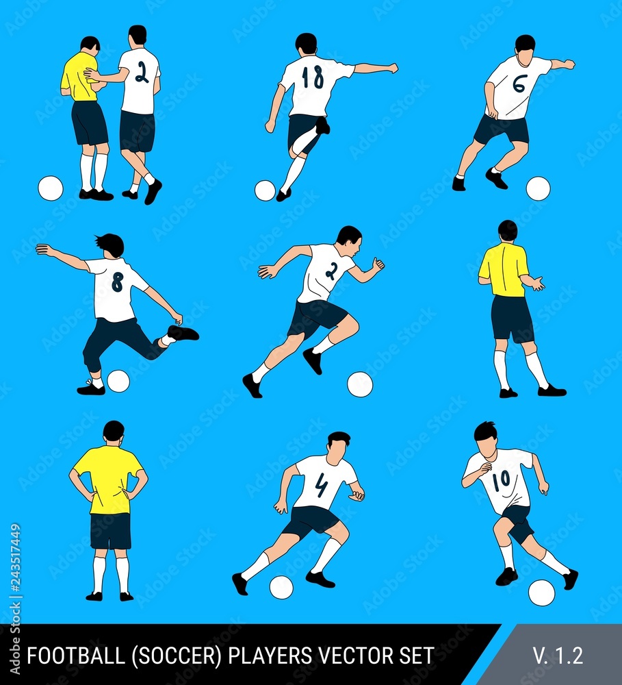 Vector figures of football players on a bright blue background. Judge and players, different poses, vector set. Football player hits the ball, runs with the ball, the judge fines the player.
