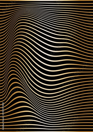 Abstract gold lines are curved on a black background. Optical illusion of concavity and curvature. Wavy vertical vector background.