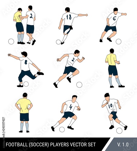 Vector football players figures on white isolated background. Referee and soccer players with the ball. Different poses, vector set of players.