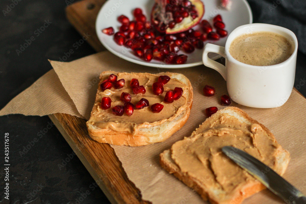 sandwich pomegranate, peanut butter (sweet snack). Top Food background