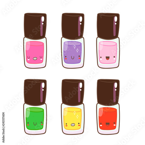 Hand drawn various kawaii nail polish bottles. Colored vector set. All elements are isolated
