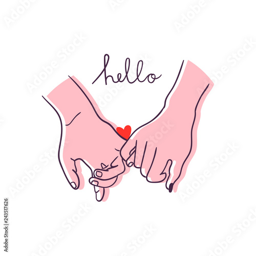 Hello. One line hand drawn holding hands. Saint Valentine's day colored vector illustration