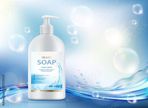 Bottle with hygienic soap. Vector label design.