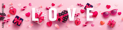 Valentine's Day and Love banner with sweet gift,sweet heart and lovely items on pink background.Promotion and shopping template or background for Love and Valentine's day concept.Vector EPS10