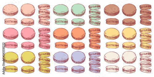 Set of delicious hand drawn french macarons in different positions and colors. Engraving style pen pencil painting retro vintage vector lineart colored illustration. Sweet cookies.