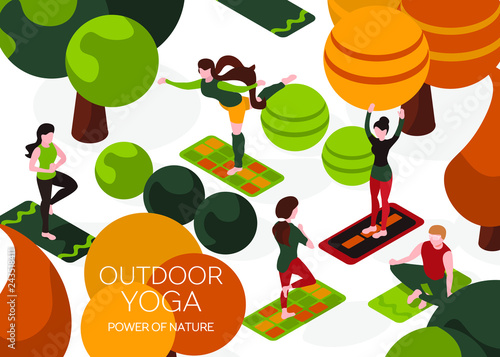 Outdoor yoga in nature. Fitness training in town park. People in asanas. Yoga lessons. Isometric 3d flat design template on white background.
