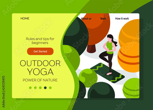 Isometric flat design template. Outdoor yoga in town park or forest. Woman in asana on white background. Green and yellow trees