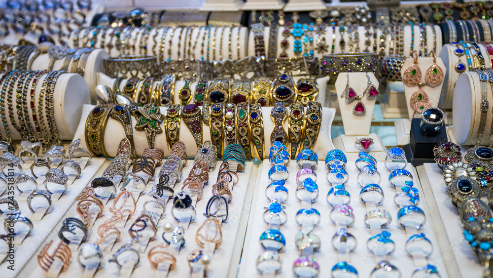 stall selling silver jewelry  in the Istanbul bazaar in Turkey