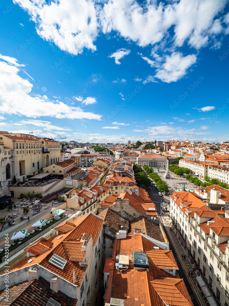 Overview of the city with Rossio square and monument Dom Pedro IV, Lisbon, Portugal