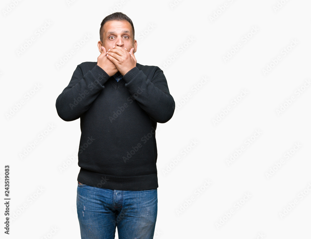 Handsome middle age man over isolated background shocked covering mouth with hands for mistake. Secret concept. Handsome middle age man over isolated background shocked covering mouth with hands for mistake. Secret concept.