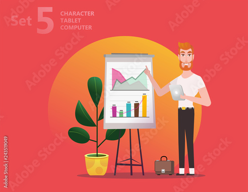 Young man holding tablet gaget,  nearby diagrams results startup on a clipboard paper. Successful completion of business tasks. Flat vector illustration. - Vector