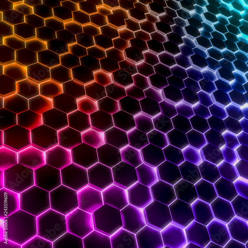 Abstract glow light color hexagonal background. Grunge Polygonal Hex geometry surface . Futuristic colorful technology texture concept. 3d Rendering.