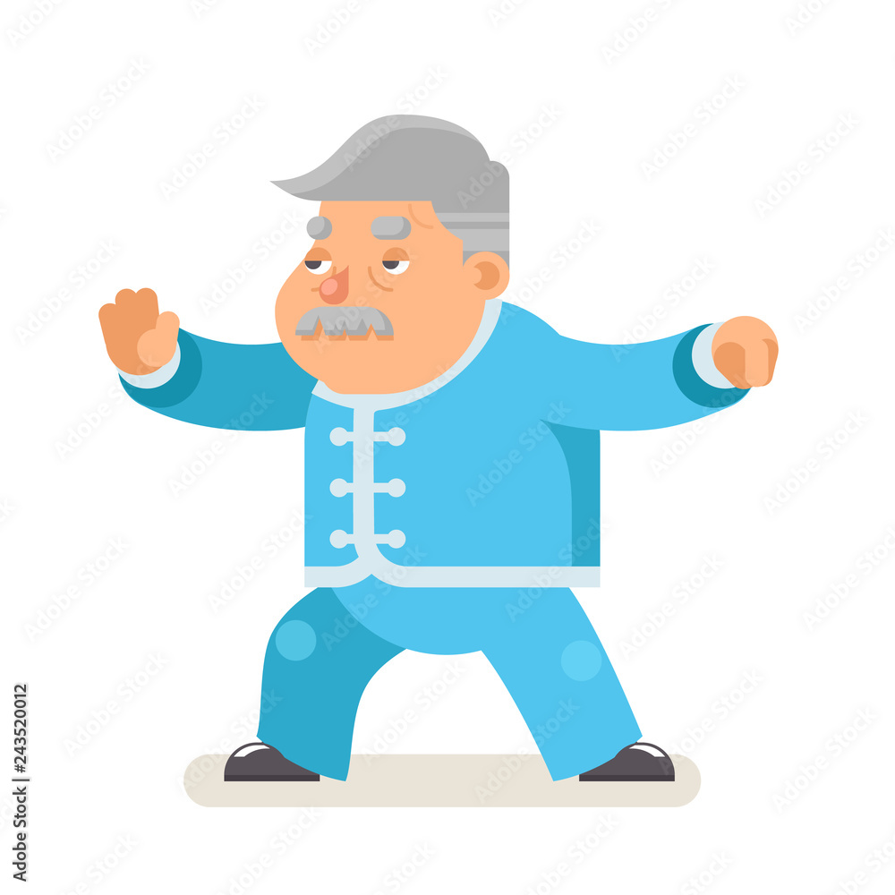 Taichi wushu kungfu fitness healthy activities grandfather adult old age man character cartoon flat design vector illustration