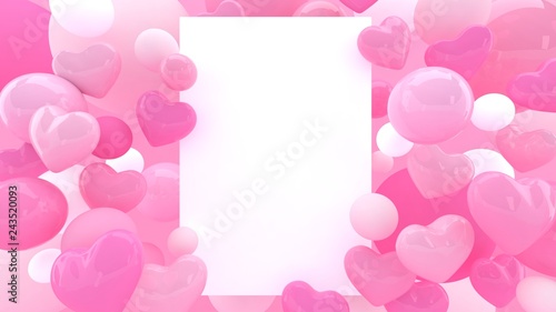 3d hearts background. Valentines day. Love wallpaper. Wedding. Engagement. Datting. Romantic poster. Passion. Pastel pink. Paper frame. © ADELART
