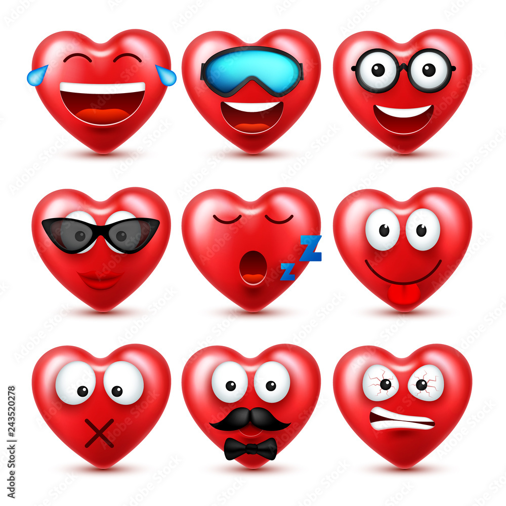 Heart Smiley Emoji Vector Set For Valentines Day. Funny Red Face With Expressions And Emotions. Love Symbol. Heart Smiley Emoji Vector Set For Valentines Day. Funny Red Face With Expressions And Emotions. Love Symbol.