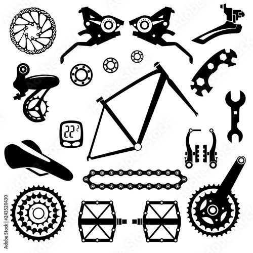 Bicycles. Set of bicycle parts. Isolated vector image.