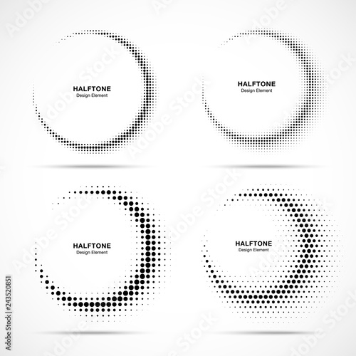 Halftone circle frame abstract dots logo emblems. Set for medical, treatment, cosmetic. Collection of Half moon halftone design elements.  Vector illustration.
