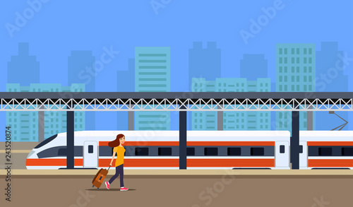 Locomotive and passengers on platform. Vector flat illustration