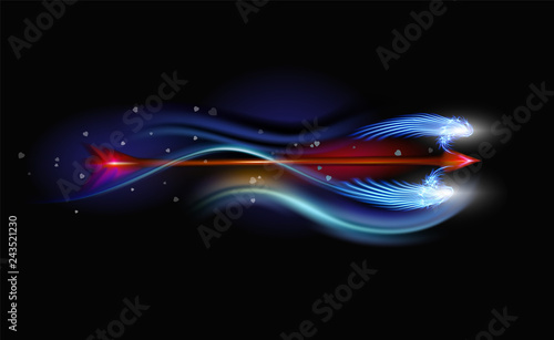 Glowing fantasy red arrow of Cupid, gives ardent love. Amur festive attribute of Valentines day, illuminated with luxury glow on a black background. Colorful design vector illustration