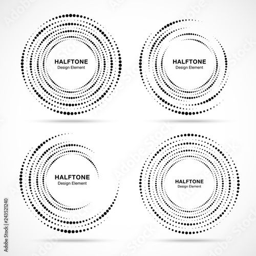 Halftone circular vortex dotted frame set. Circle swirl dots isolated on white background. Logo design element for technology, medical, treatment. Round border using halftone circle dots texture. 