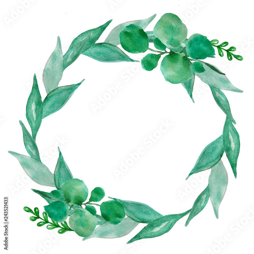 Beautiful watercolor decoration, wreath made of green hand drawn leaves with copy space, frame for invitations, print