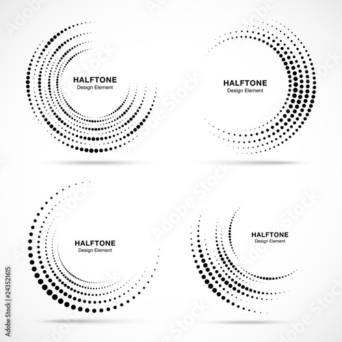 Halftone circular vortex dotted frame set. Circle swirl dots isolated on white background. Logo design element for technology, medical, treatment. Round border using halftone circle dots texture. 