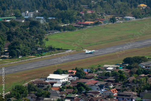 Bangkok Airways plane route Chiang Mai (CNX) - Mae Hong Son (HGN) is on a runway and ready to take off at Mae Hong Son Airport, Thailand, on Jan 2, 2019 photo