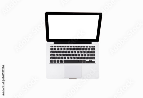 Top view of modern laptop with English keyboard isolated on white background. High quality.